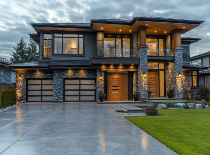 Home With Garage. Wide garage door of residential house with concrete driveway in front: architecture, automatic, british columbia, canadian, closeup, concrete, decor, decorative, door, double --ar 3:2 --v 6.1 Job ID: a58cec84-461e-4584-89c4-b03a01017fd7